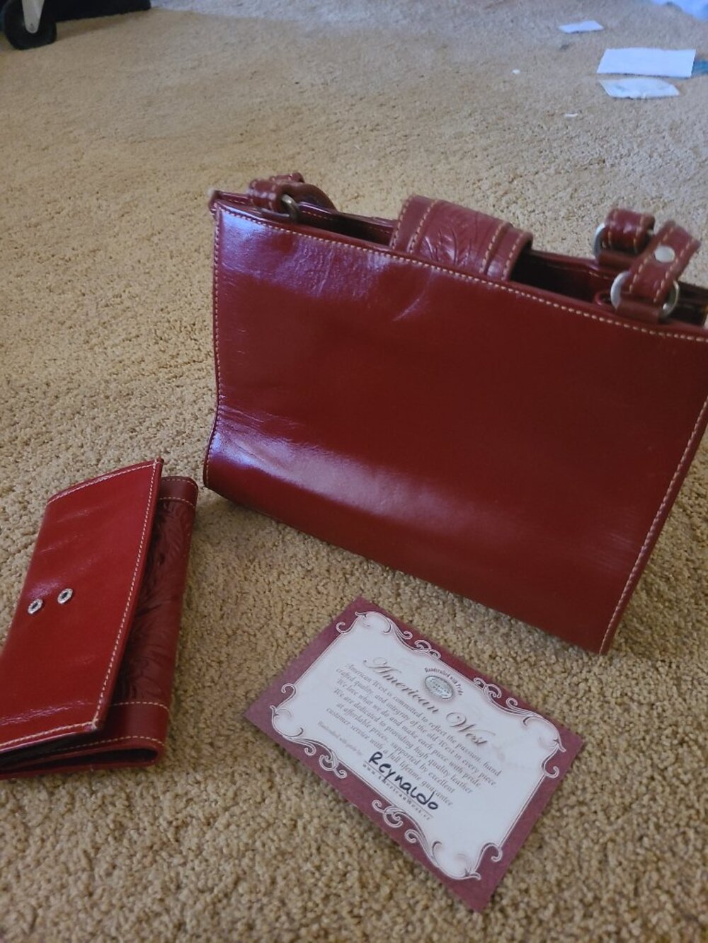 American West Hand Tooled Red Leather Satchel Shoulder Bag & Wallet Set - Picture 6 of 6
